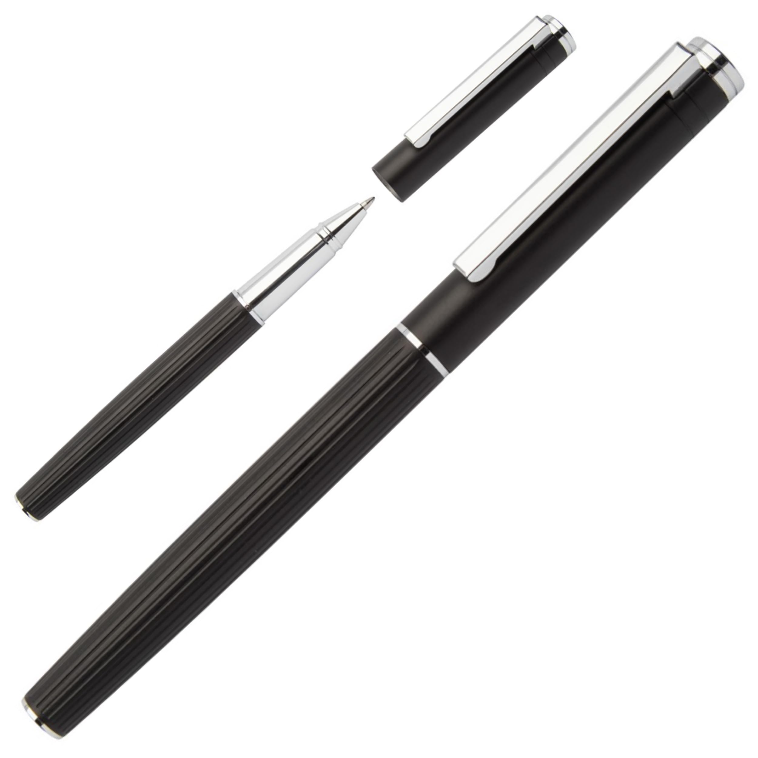 noTrash2003 Ensemble stylo à bille et stylo roller élégant avec corps en aluminium à texture rayée, coffret cadeau noir avec recharge bleue, fournitures de bureau, idée cadeau (bleu)