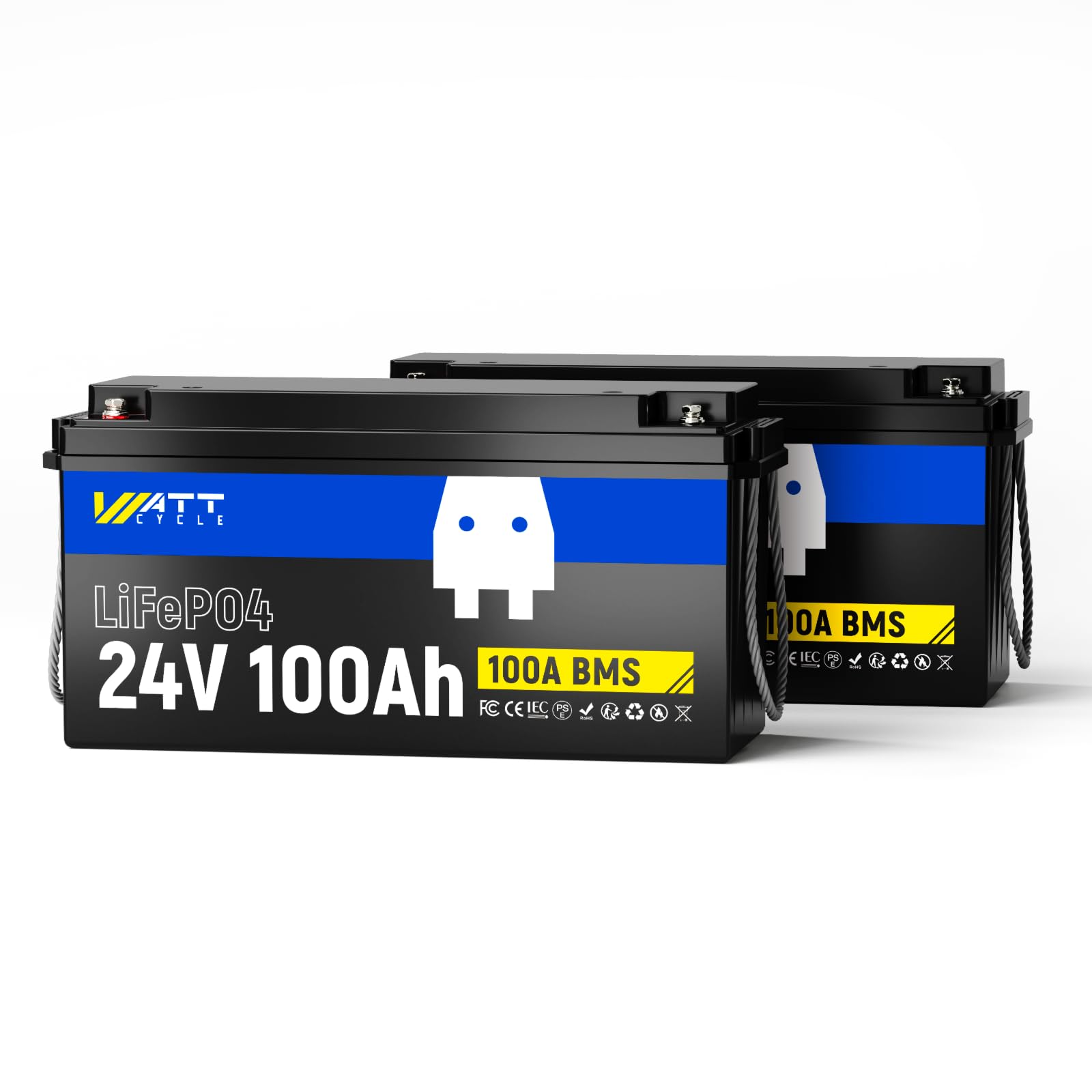 Wattcycle 24V 100Ah LiFePO4 Battery 2-Pack, 100A BMS, 5.12kWh