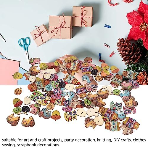 Miniatura 2 de Botones para manualidades, 1.2 pulgadas de largo, lindos animales, coloridos y ligeros, botones de madera para coser, manualidades (animales, 100