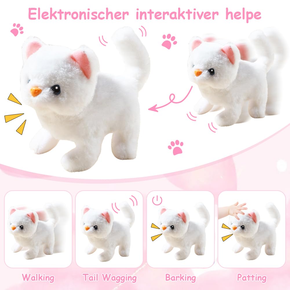 Plüschkatze Spielzeug Kinder Elektronische Haustiere Katze mit Leine der Läuft und Bellt Interaktives Katzenspielzeug Schwanzwedeln Kuscheltier Kätzchen Geschenke für Mädchen Junge 3 4 5 6 Jahre