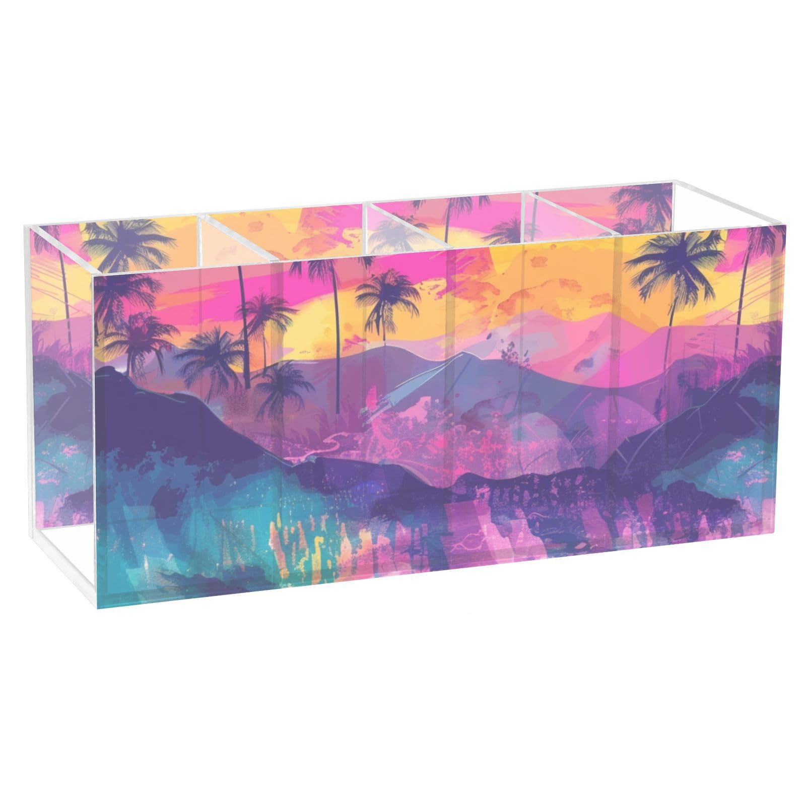 beeplusCoconut Tree Acrylic multi-cell pen holder Desk accessories rack, makeup brush storage organizer Pencil and stationery storage desk, bathroom storage desk