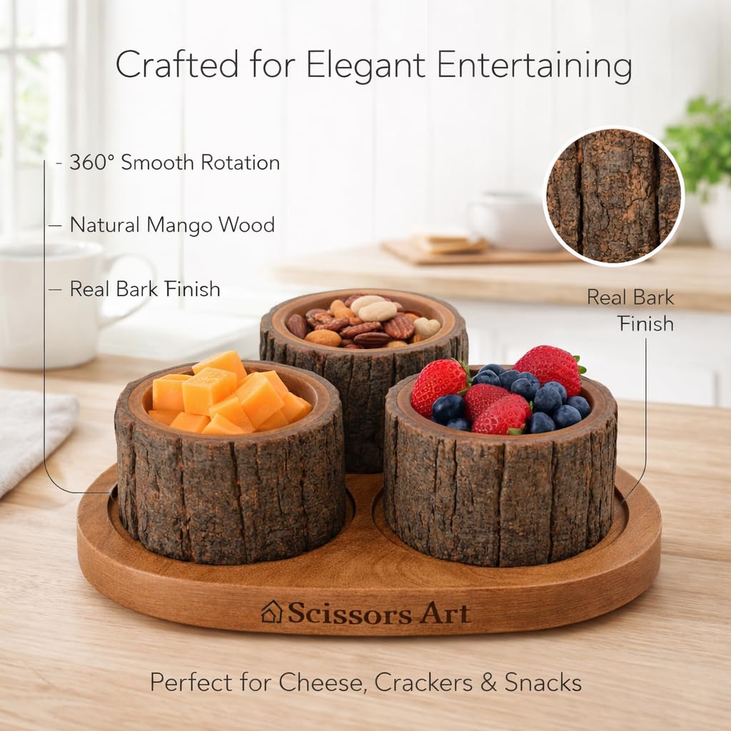 Juego de cuencos de madera rústica con bandeja giratoria, cuencos de madera de mango hechos a mano con corteza de árbol natural para ensaladas, frutas y decoración de cocina (juego de 3)