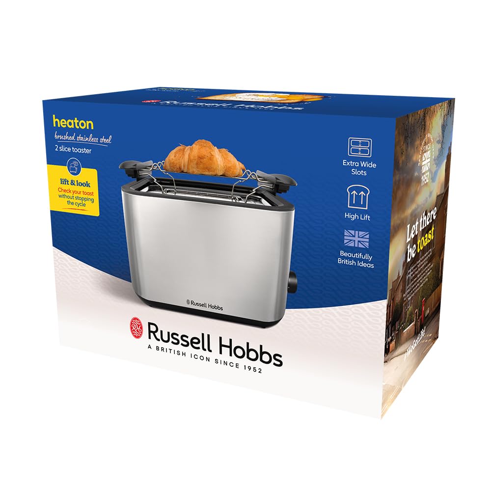 Russell Hobbs Grille-pain 2 fentes XL (6 niveaux de brunissage, surélévation, dégivrage, réchauffe-viennoiseries, arrêt auto., ramasse-miettes amovible, surface en acier inox. brossé) Heaton 27390-56