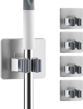 Mop and Broom Holder Wall Mount 4PCS Stainless Steel Broom Organizer Wall Mount Self Adhesive, Broom Hanger for Kitchen, Silver Gray