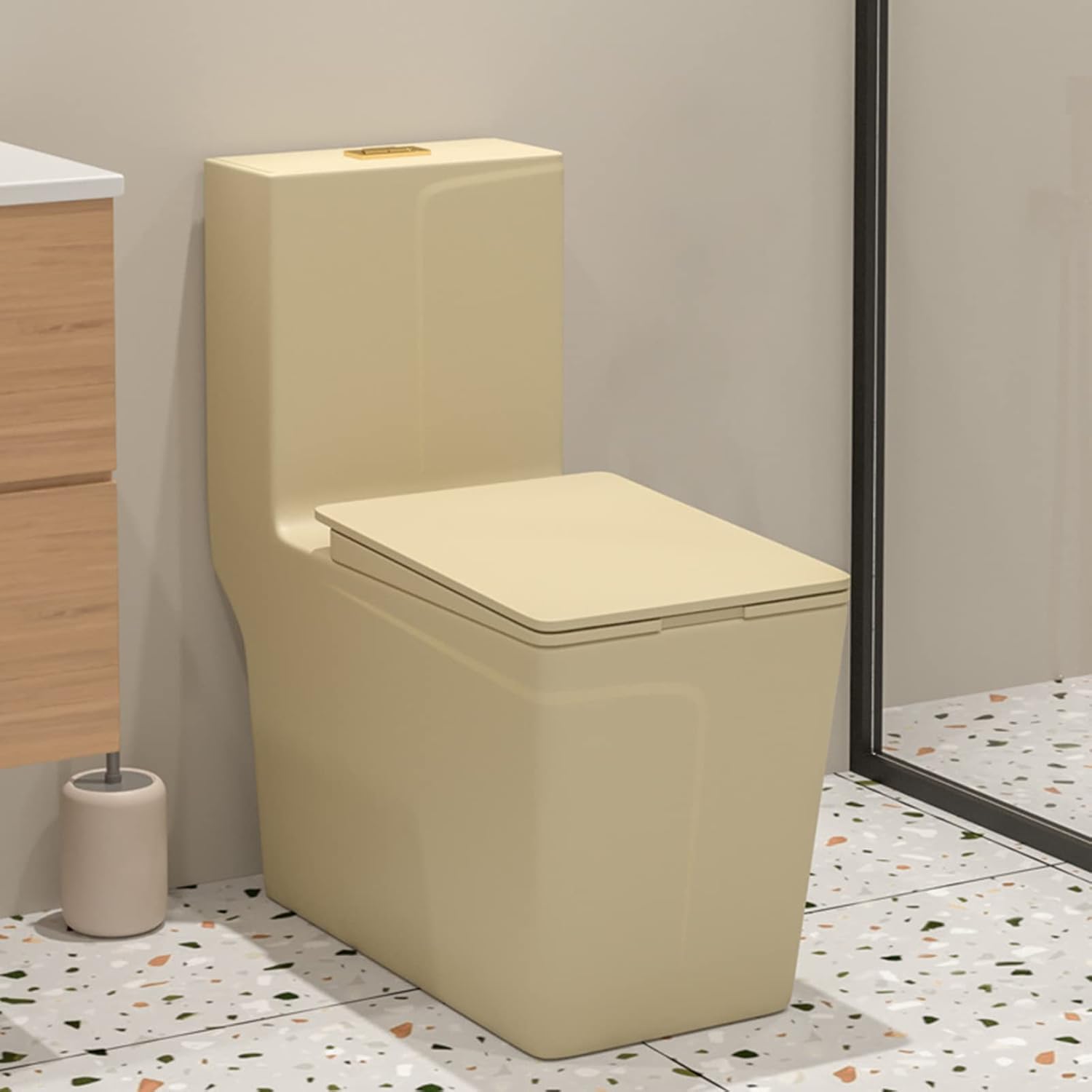 HIONRE Khaki Toilet, Siphon Flush Household Toilet Square