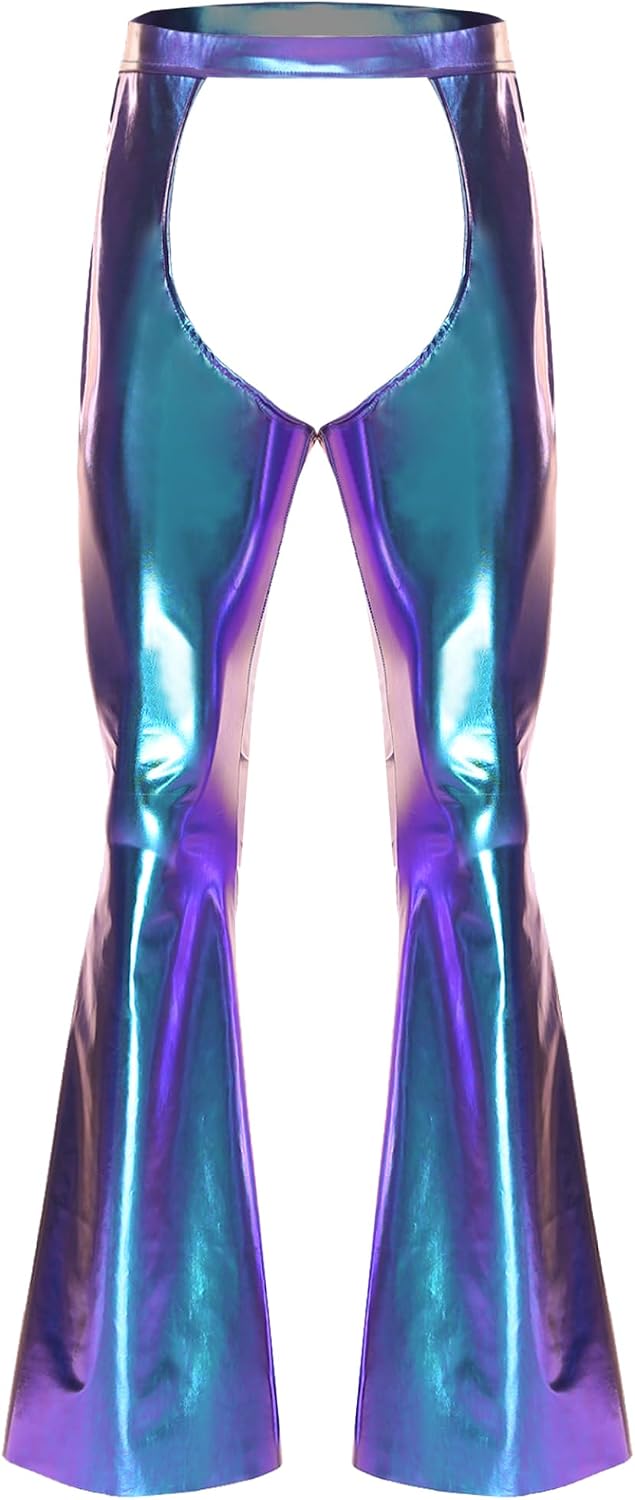 Jhaoyu Mens Shiny Metallic Disco Chaps Pants Holographic Hollow Out Bell Bottoms Rave Outfits