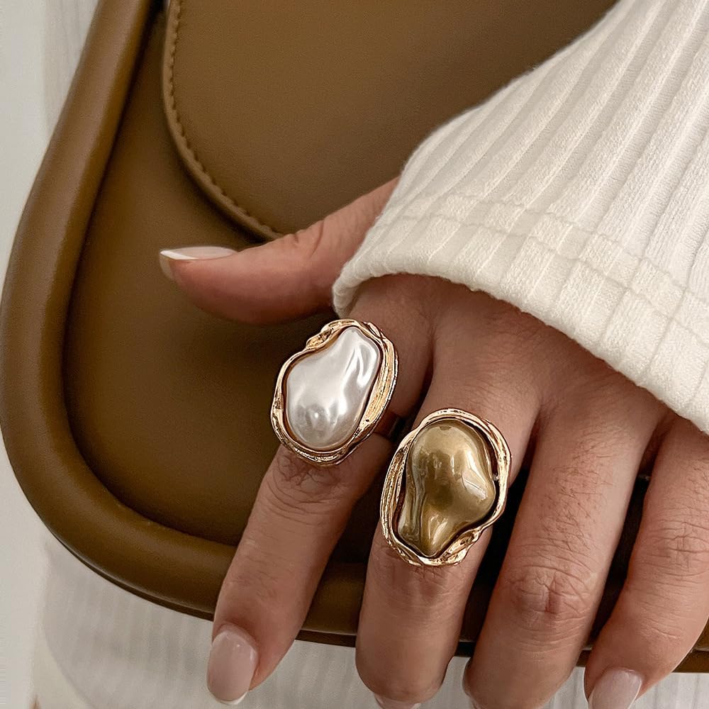 Vintage Pearl Rings for Women,Chunky Gold Statement Stacking Rings Adjustable Large Baroque Pearl Open Ring Set,Boho Everyday Jewelry Accessories - Image 4
