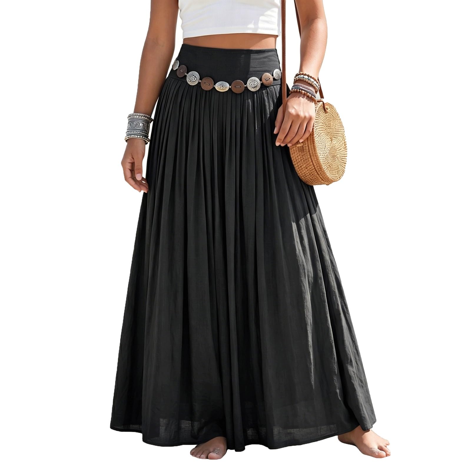 UYHBCNQD Retro Midi Long Skirt Solid Color Women's Maxi Skirts with Waist Chain(Nero,Lagre)