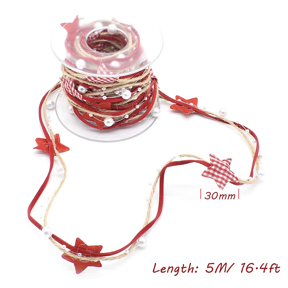 Cinta de perlas de 5 m para árbol de Navidad, regalo con decoración de yute, cinta de Navidad a cuadros rojos, cintas de perlas, guirnalda, decoración, manualidades, costura y embalaje
