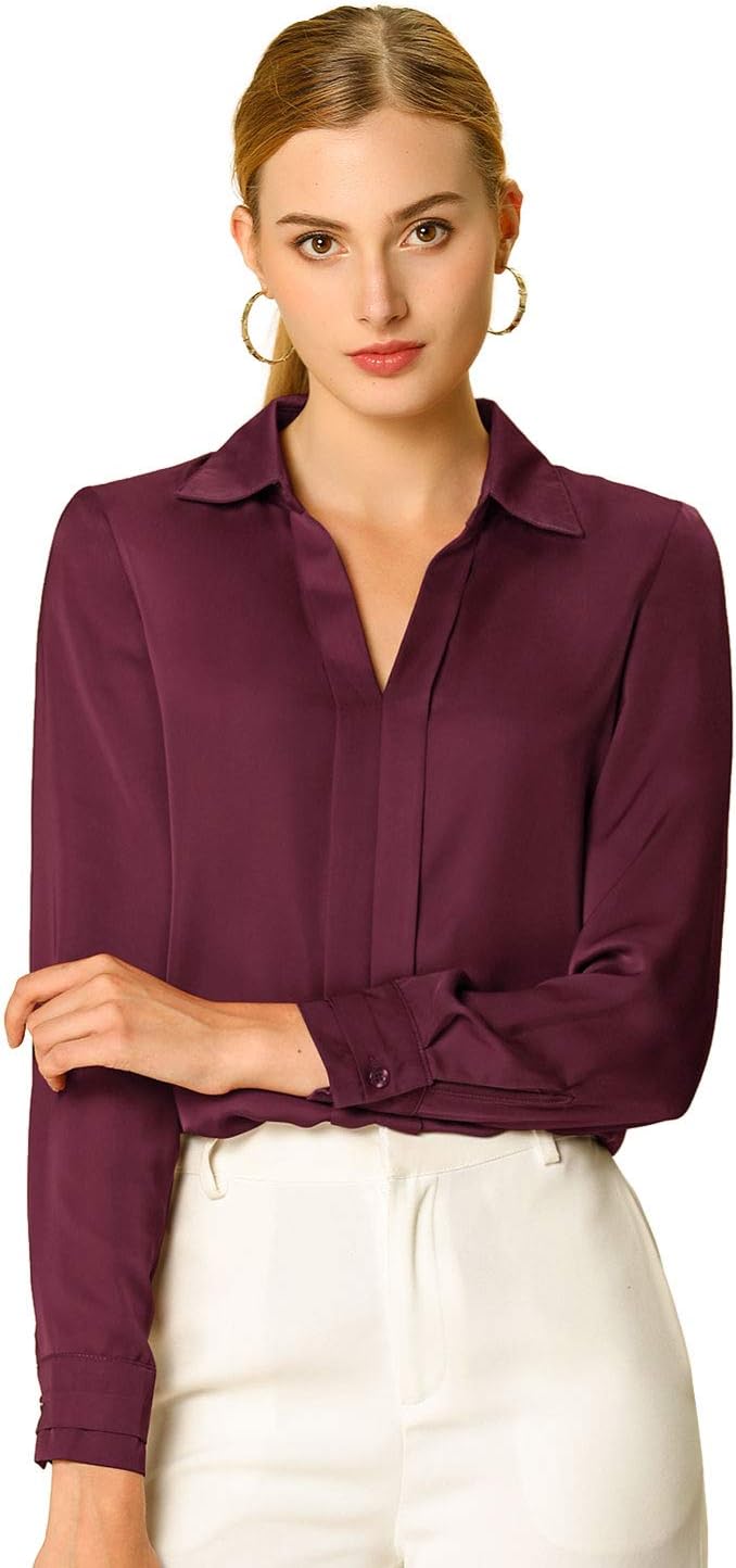 Allegra K Women's Silk Top Elegant V Neck Satin Blouse Long Sleeve Dressy Business Shirt Work Tops 2025