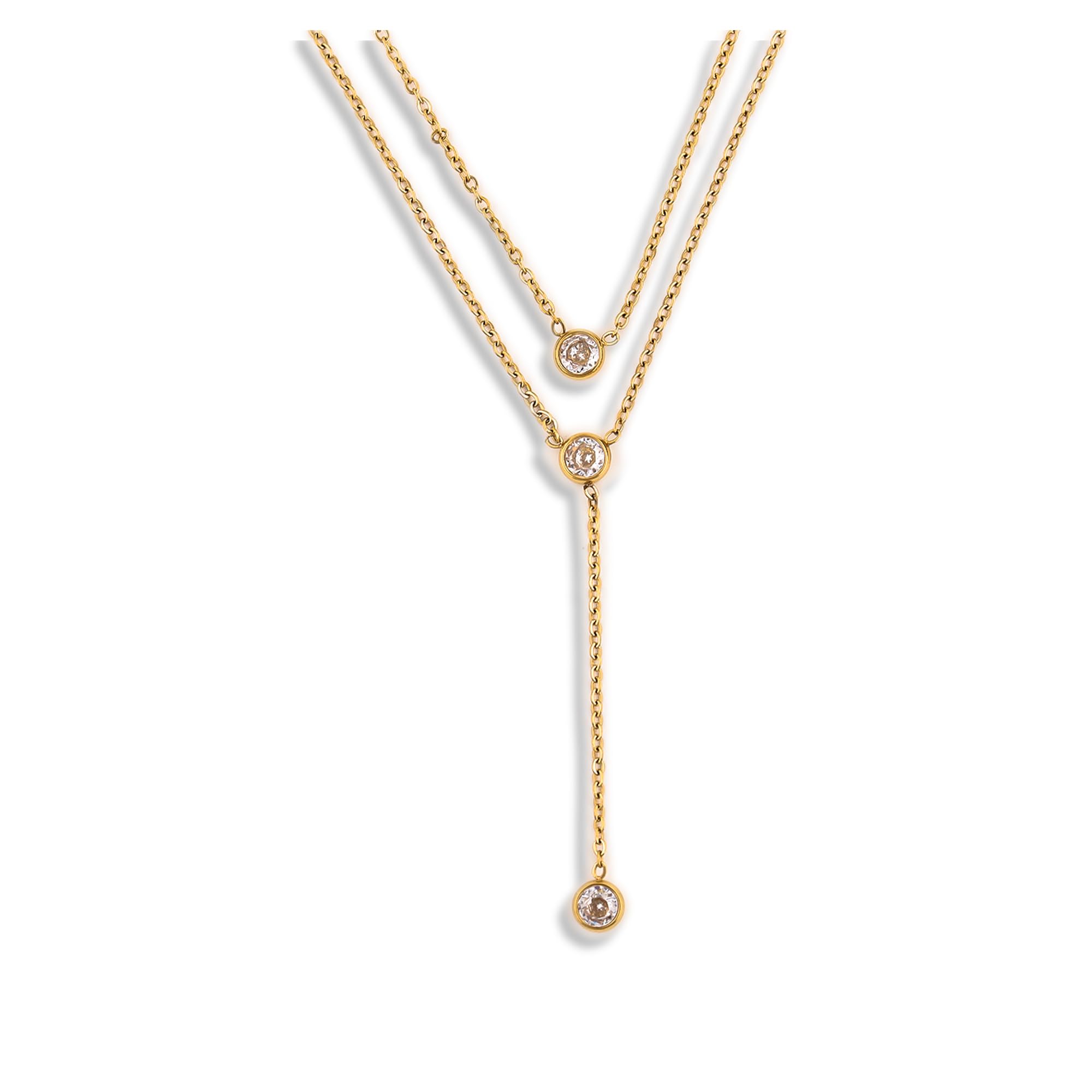 ZF M&P 18K Gold Plated Layering Necklace for Women,Y Necklace,Cubic Zirconia Necklace,Dainty Bezel Lariat Necklace,Adjustable gold necklace,Gift for Girl