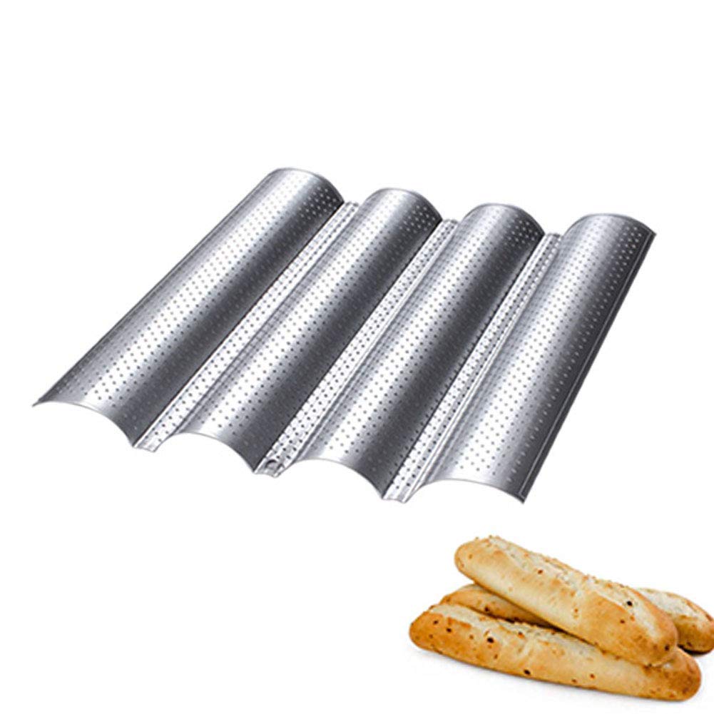 Baguette Baking Tray, Nonstick Wave Mould Fast and Evenly Heating, Perforated Baguette Kitchen Gourmet Making Pan, Baking Sheet, for French Bread, Stick Bread, Toast Maki(Silver 4 Baguettes-1Pcs)
