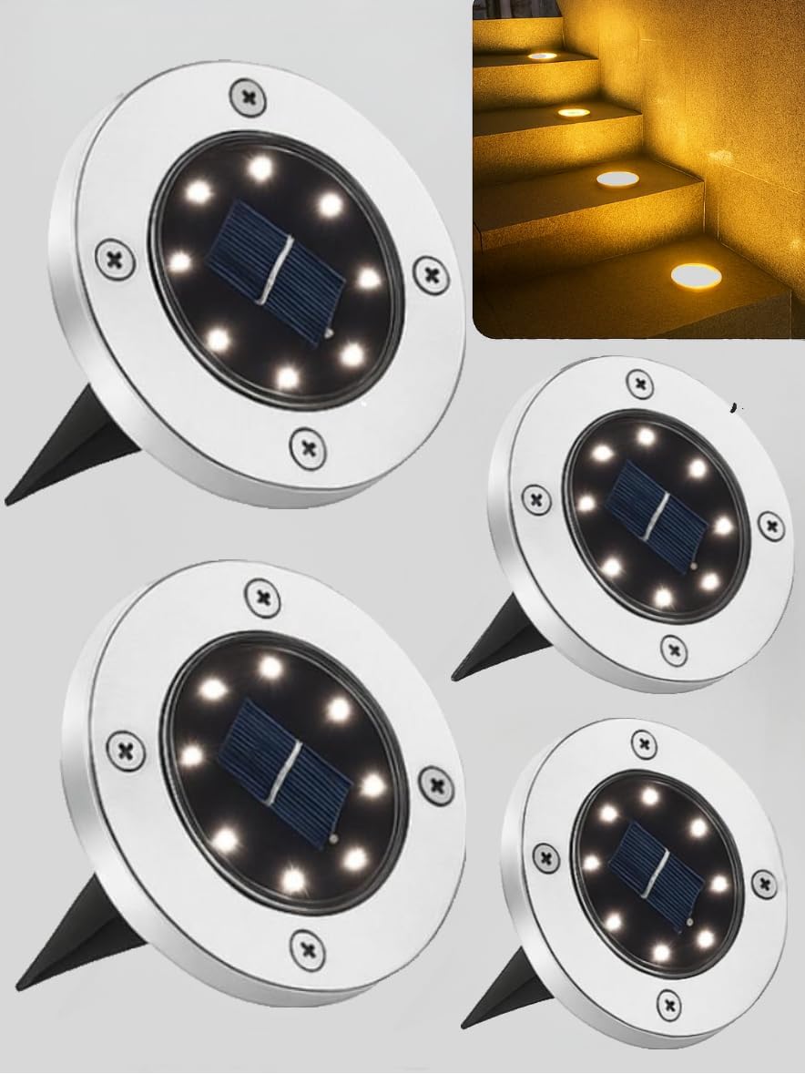 JT Morolux Solar Ground Lights, LED Disk Lights, White, Waterproof Outdoor Path Lights for Garden, Lawn, Walkway, Driveway (Multi-Color, 8)