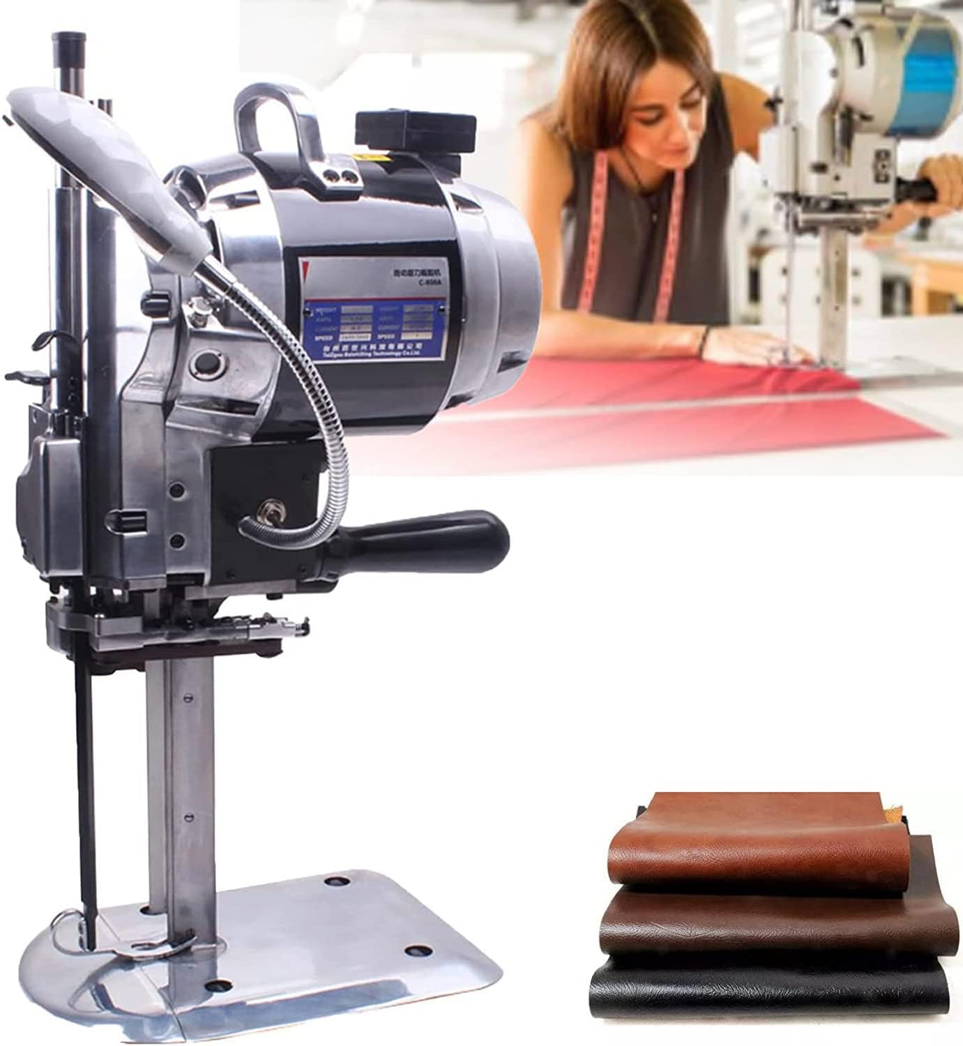 Fabric Cutter Machine Electric Cloth Cutter Industrial High Speed 1100W Straight Knife Cutting Machine with LED Light and Automatic Knife Sharpening