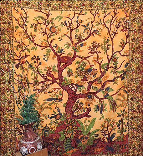 Jaipuri Art And CreationsIndian Mandala Orange Tree Of Life Wall Hanging Tapestry Throw Decor Bedspread