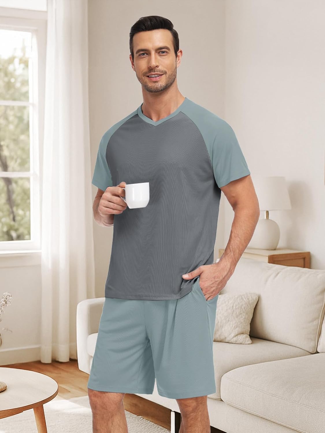 Feiersi Mens Pajama Set Summer Soft Short Sleeve Pjs Sets Lightweight Quick Dry Comfy Loungewear Sets With Pockets - Image 5
