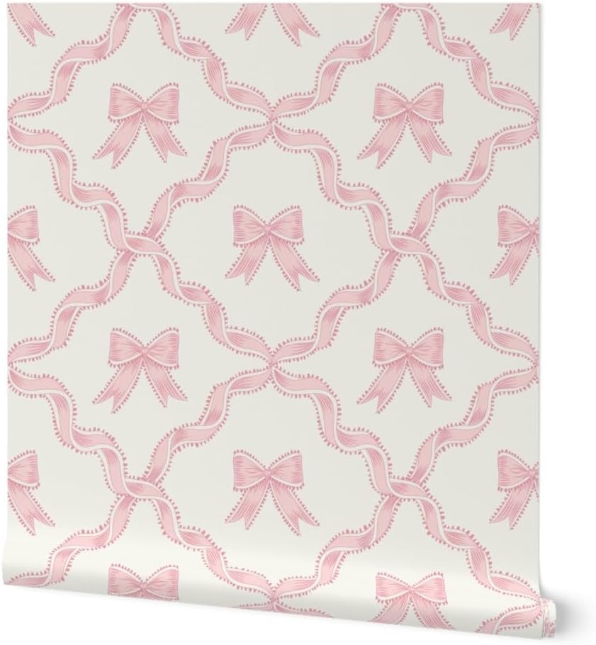 Peel & Stick Wallpaper 12ft x 2ft – Pink Bow,Ribbon Trellis,Pastel Baby Pink,grandmillennial,Chinoiserie Custom Removable Wallpaper by Spoonflower