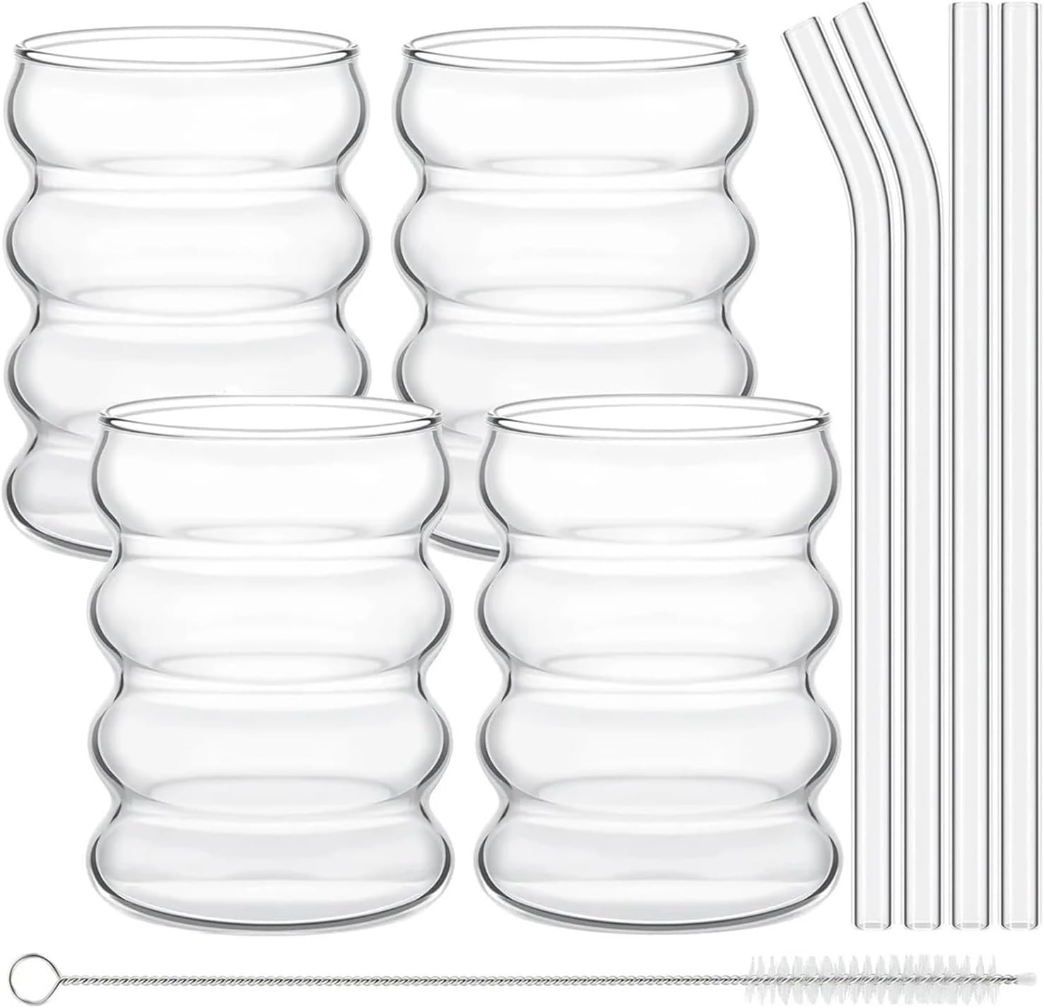 Coffee Mug Leeseph 4Pcs Creative Glass Cups Coffee Mug Vintage Drinking Glasses Ribbed Glassware Aesthetic Cups with Straws Set