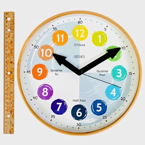 Telling Time Teaching Clock For Kids Learn To Tell The Time 12" Wooden Frame, Analog Silent Nonticking Kids Room, Playroom Decor, Classroom Clock. Homeschool Learning Resource. Learning Time Resource #TOP6