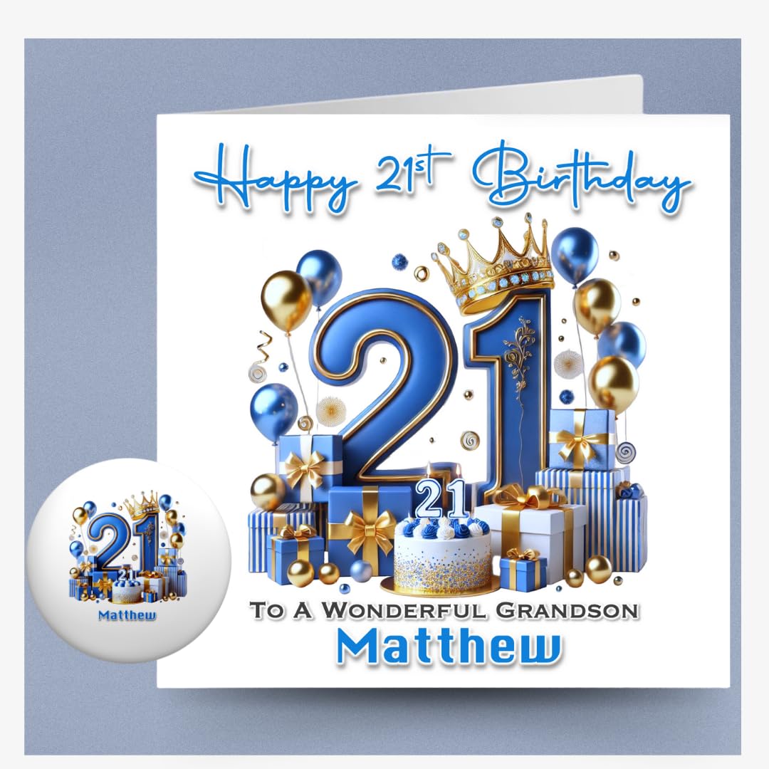 Large Personalised 21st Boys Birthday Card with matching Badge for Friend Son Brother Nephew Grandson Godson Twenty First Twenty-one Today (Card & Button Badge) (Large Card & Button Badge)