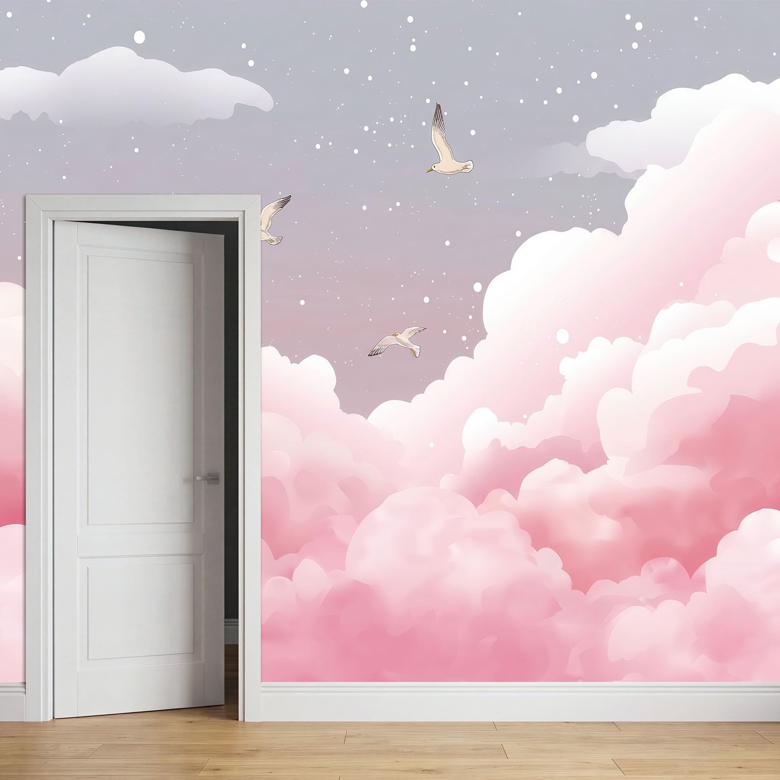 Fantazyjne zwierzęta mewy unoszące się w powietrzu Panoramiczna tapeta dla chłopców dziewcząt, 250 x 175 cm różowy gigantyczny plakat ścienny 3D, dekoracja ścienna premium do salonu, pokoju