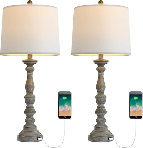 Amazon Com Bobomomo 27 75 Usb Table Lamp With Charging Port Set Of 2 Antique Nightstand Lamp For Bedroom Living Room Office Retro Resin Classic Bedside Desk Lamps With White Fabric Shade Home Improvement