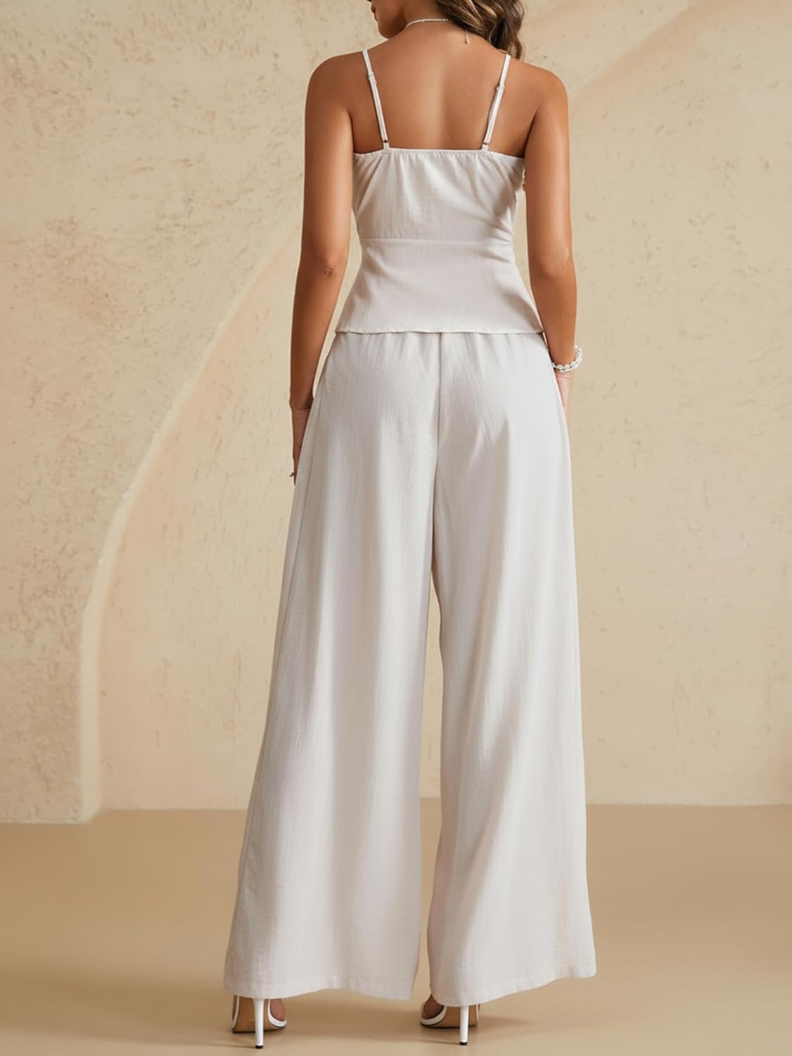 Women's 2 Piece Casual Summer Outfits Tie Front Peplum V Neck Cami Top and Wide Leg Pants Set - Image 2