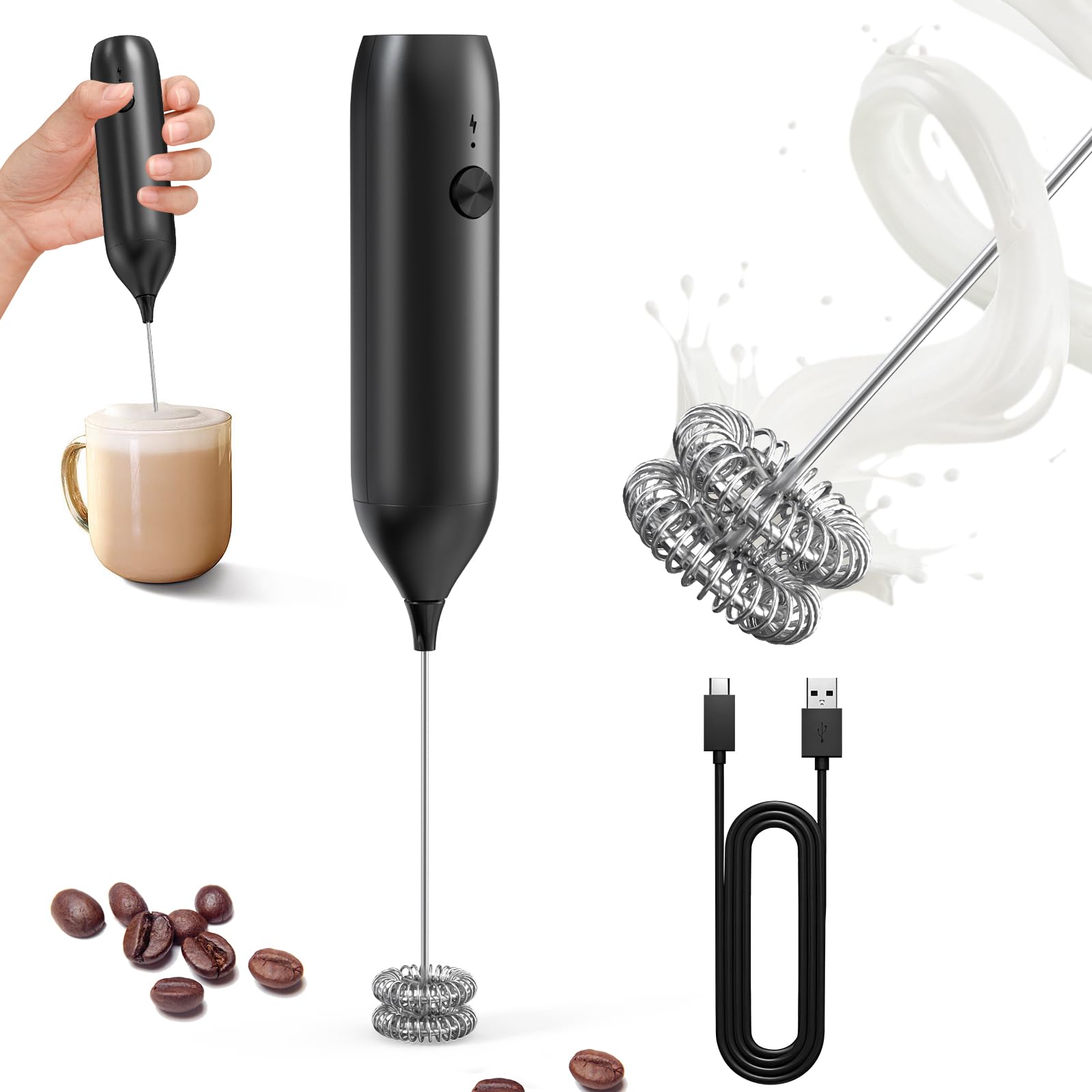 CIRCLE JOY Montalatte a Mano con Supporto, Frullino Montalatte Elettrico, a Batteria Mini Schiumatore per Latte, Cappuccino, Matcha, Regalo da Cucina, Nero — view 17