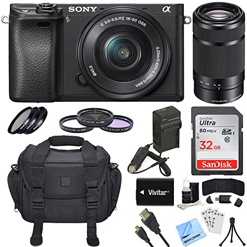 Sony ILCE-6300 a6300 4K Mirrorless Camera with 16-50mm Power Zoom Lens Bundle with 55-210mm Zoom Lens, 49mm Filter Kit, Camera Bag, 32GB Memory Card, Battery and Accessories (4 Items)
