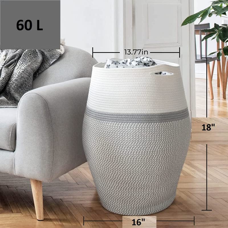 Image of GRATIFY Large Woven Rope Laundry Basket, 80 L Tall Dirty Clothes Hamper with Handles Storage Blankets, Toy for Bedroom, Living Room (Mix Grey White 1 Pcs)