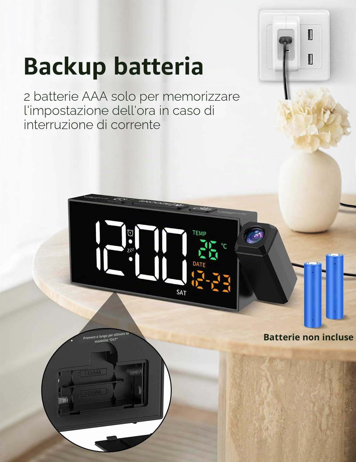 Sveglia digitale con funzione di proiezione, sveglia con proiettore a 350°, termometro, data, grande display, 10 suonerie, snooze, 5 luminosità, 4 volumi, DST manuale, sveglia rumorosa camera da letto