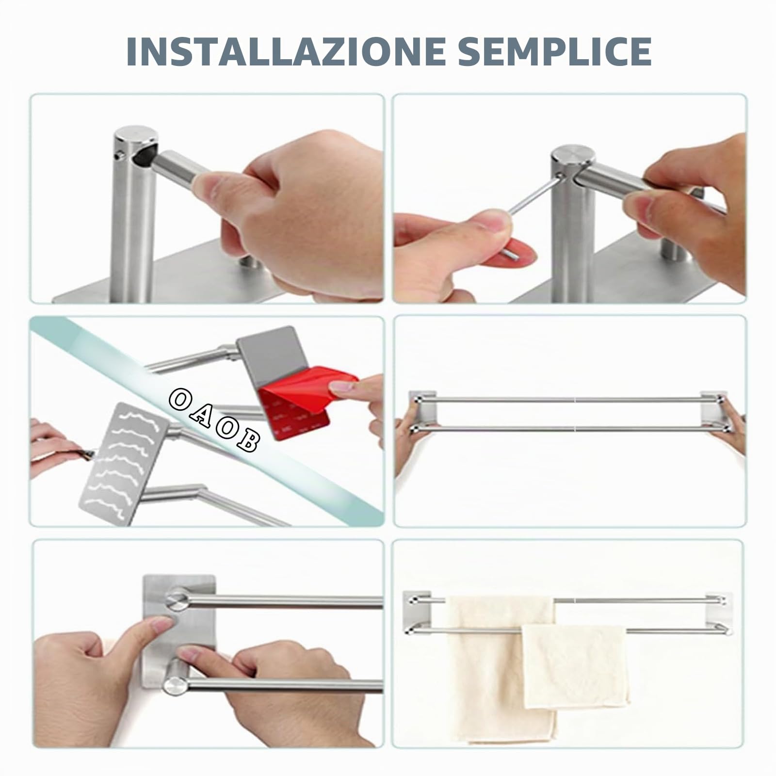 Portasciugamani 40cm Doppio Autoadesivo in Acciaio Inox Bagno Cucina Camera | Senza Foratura, Acciaio Inox SUS304
