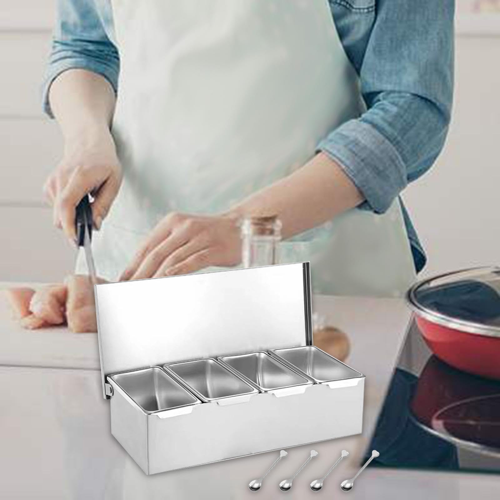 Barattolo per Spezie, Organizer per Spezie, Contenitore Multi-Scomparto, Barattolo per Condimenti in Acciaio Inox per Bar, Quattro Griglie