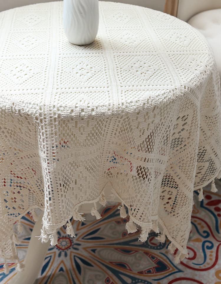 HeichkelL Vintage Spitzentischdecke Quaste Tischdecke Quadratisch Häkelspitze Deckchen Lace Tischtuch Hochzeit Küche Party Dekor Beige 140 x 250 cm