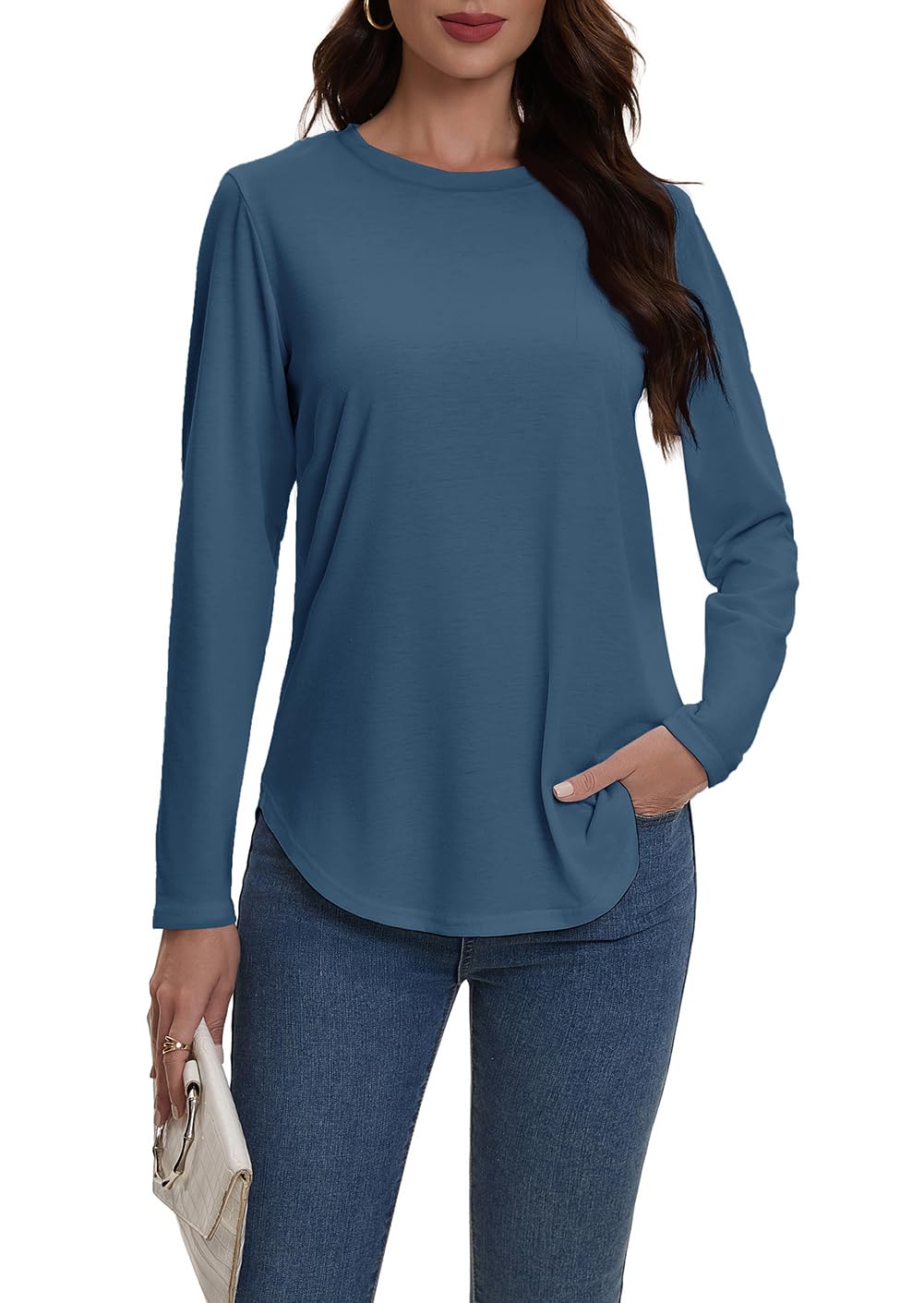 AirMood Maglietta casual da donna a maniche lunghe, tinta unita, girocollo, vestibilità ampia