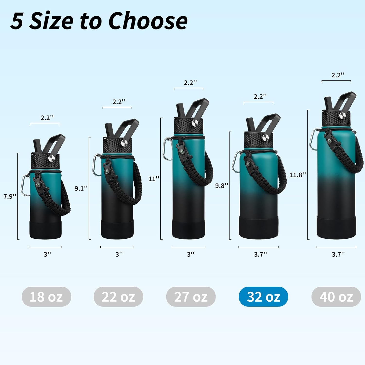 BJPKPK 32oz Insulated Water Bottles with 3 Lids, Paracord Handle & Non-slip Boot, Stainless Steel Metal Water Bottle,Reusable BPA Free Thermal Flasks, Tumblers, Army Green & Black - Image 5