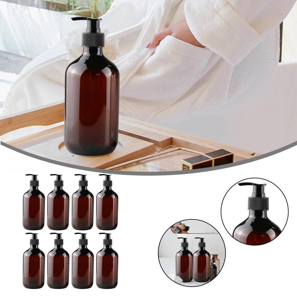 Paquete de 8 botellas vacías de PET marrón de 500 ml con bombas de loción negra, dispensadores recargables para champú, acondicionador, gel de baño, salón y uso doméstico