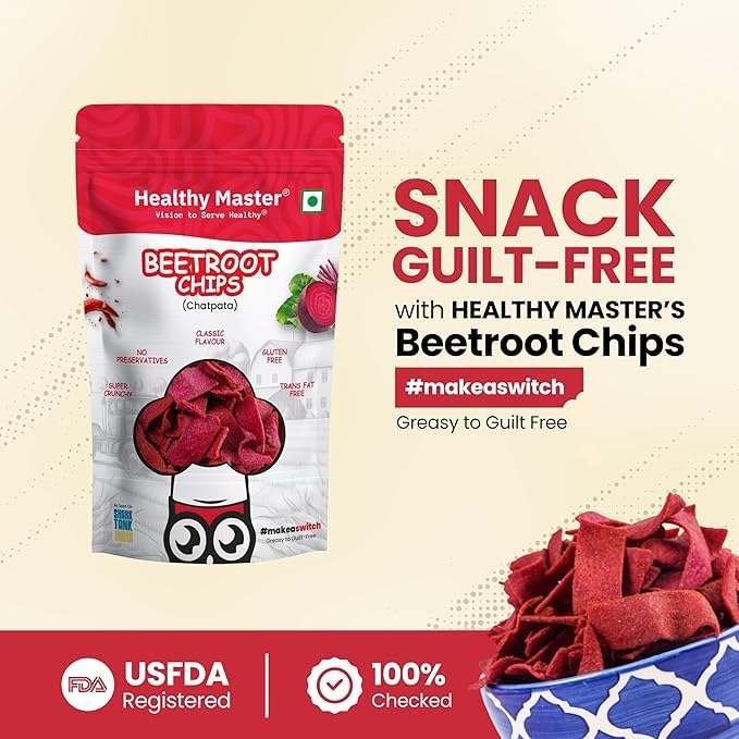 Image of Healthy Master Beetroot Chips 30g | Light & Crispy Chips, high protein | Natural ingredients, Vegan, Gluten Free, No Palm Oil, No Artificial Preservatives, Trans Fat Free, Low Calorie