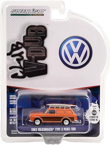 Greenlight 36070-A Club Vee-Dub Series 16-1963 Type 3 Panel Van Woody with Roof Rack and Surfboard 164 Scale Diecast