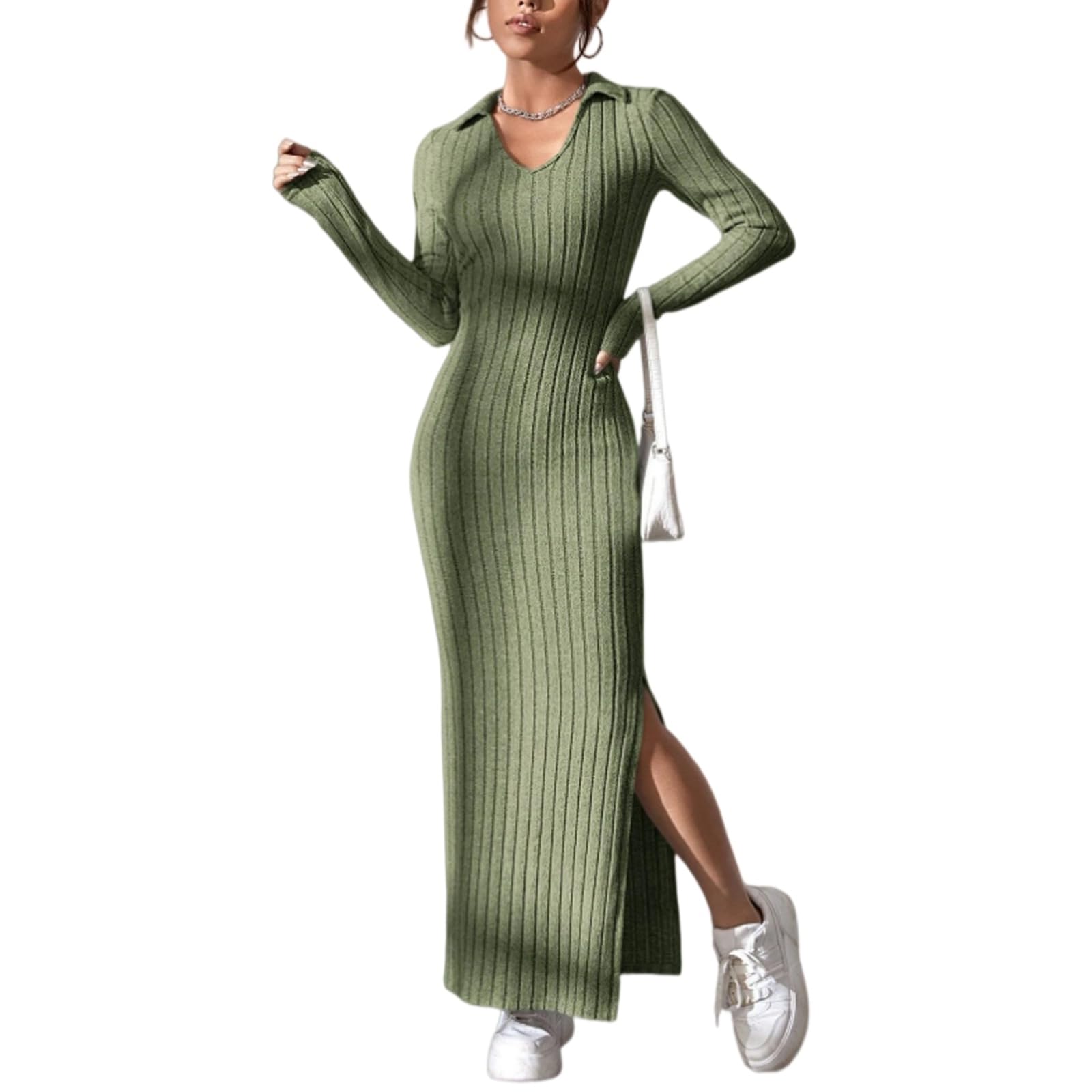 Vestito Donne Maglia Abito Sottile, Collare A Serra Manica Lunga Bodycon Monocolore Elegante Outfit Primavera Estate-Army Green-s