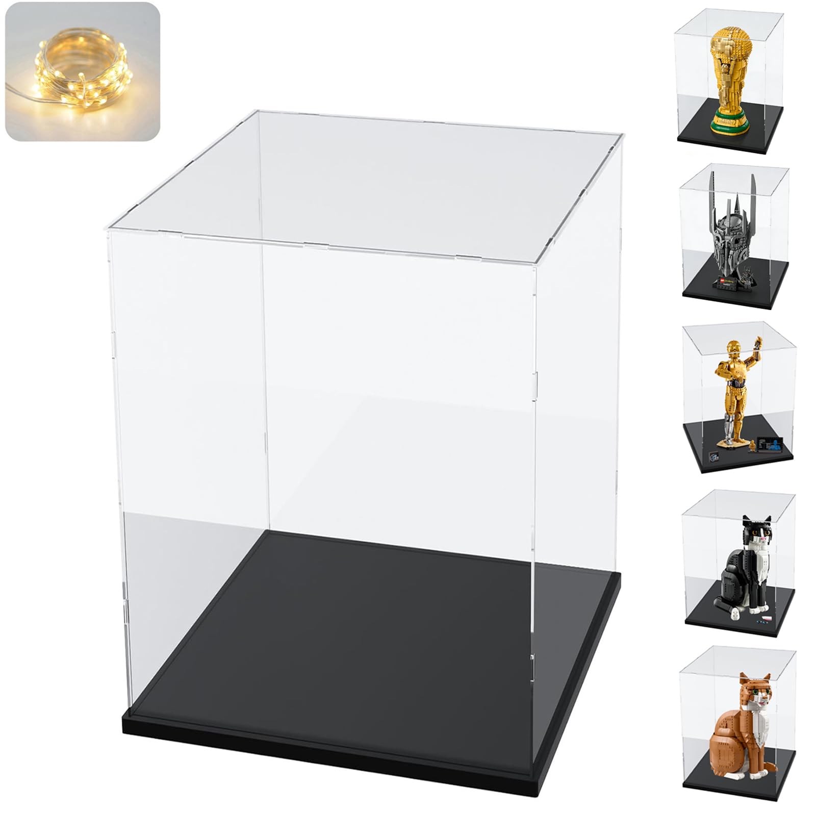 Vetrina Espositiva Teca Plexiglass Acrilico 3MM per Lego Trofeo Coppa Mondo FIFA 43020 Elmo Sauron 11373 75398 C3PO 21349 21376 Gatto 10358 77072 76463 76467, Trasparente Nero Interno 25x25x40cm