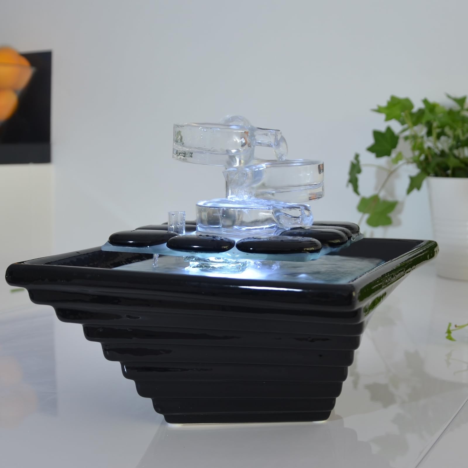 Fontaine d’Intérieur en Céramique et Verre Haute Qualité Lumière Blanche, Déco Méditation, Tasse Jarre Zen, écoulement d’eau envoutant, Idée Cadeau Haute Gamme, H 20x23x23cm – Himalaya Zen’Light