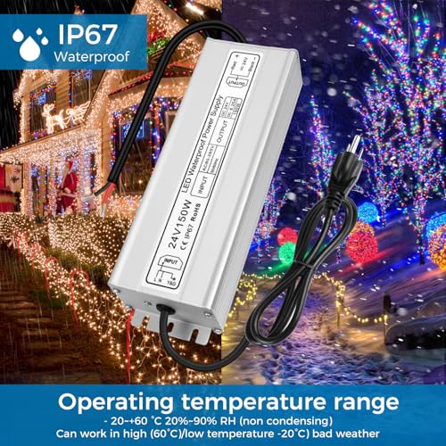 Image of LED Driver 150W 24V Power Supply, IP67 Waterproof Low Voltage Transformer, AC 80-265V to DC 24V 6.25A Converter with 3-Prong Plug 3.3 Feet Cable for Outdoor LED Lights, Industrial, Computer