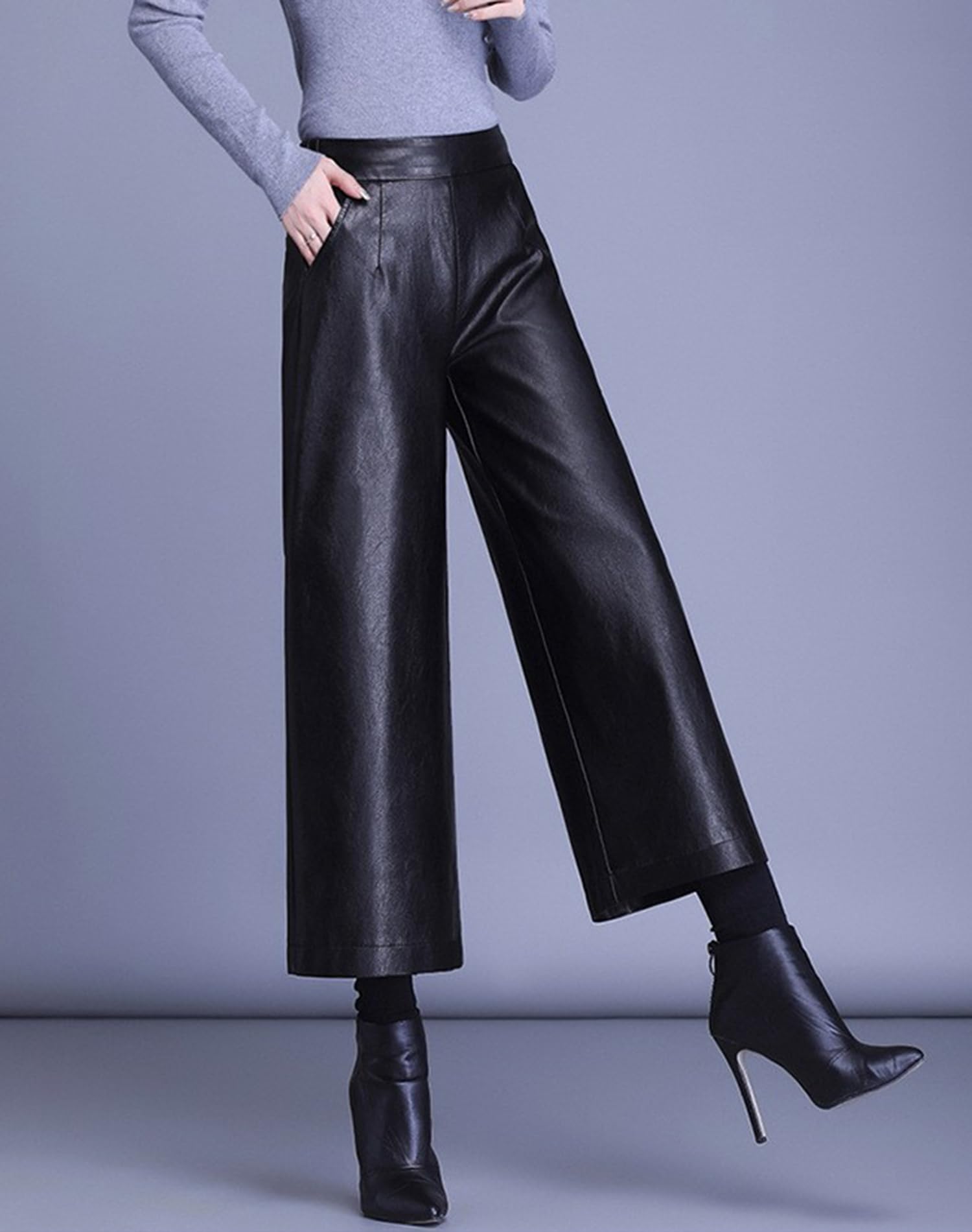 HaoMay Damen-Hosenhose, hohe Taille, weites Bein, PU-Kunstleder, kurze Hose