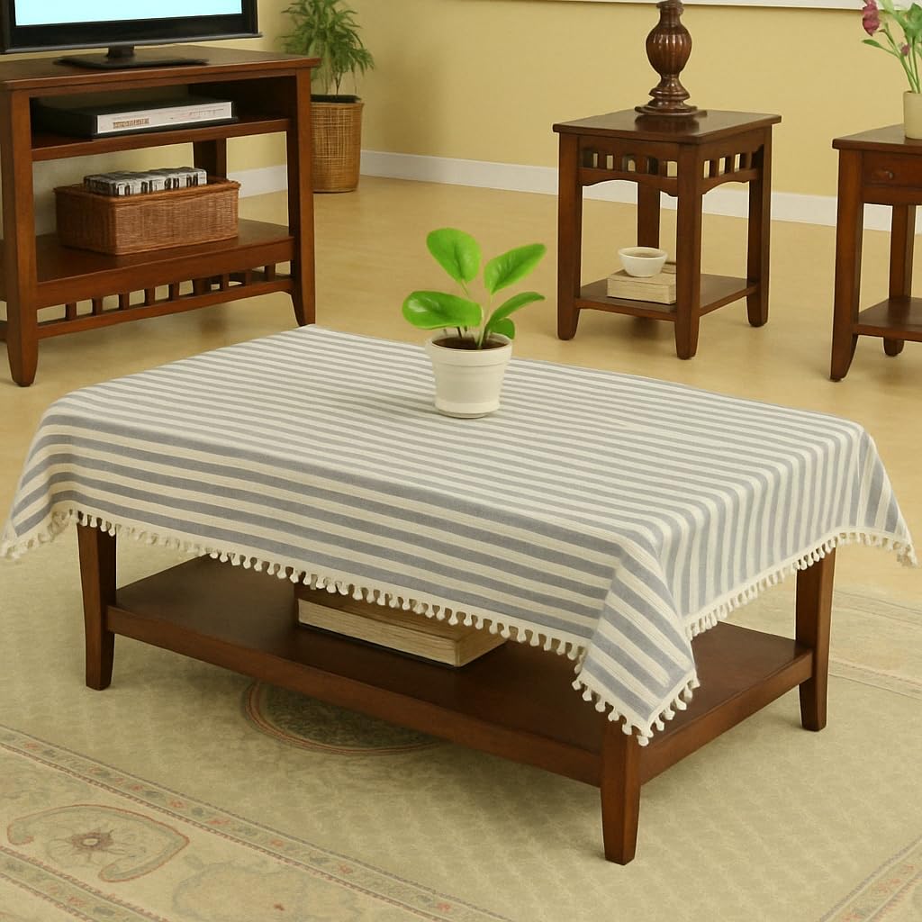 OPTICA WEAVES Rectangular Cotton Stripes Sofa Table Cloth with Beatiful Lace (40x60 inch)_Grey