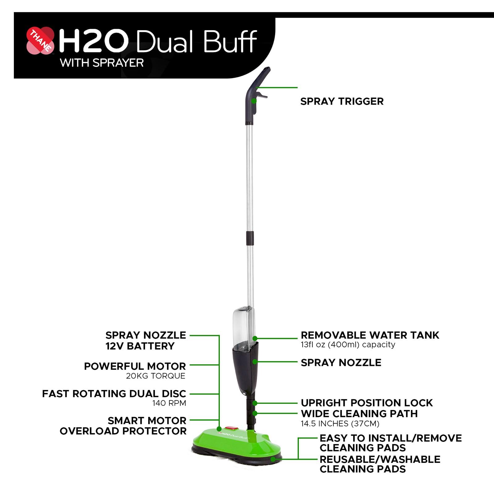 H2O Limpiador de suelos duros, mopa eléctrica inalámbrica Dual Buff, cabezal limpiador de suelos duros recargable, fregar, pulir y pulir con paños de microfibra lavables, mopa en aerosol para suelos