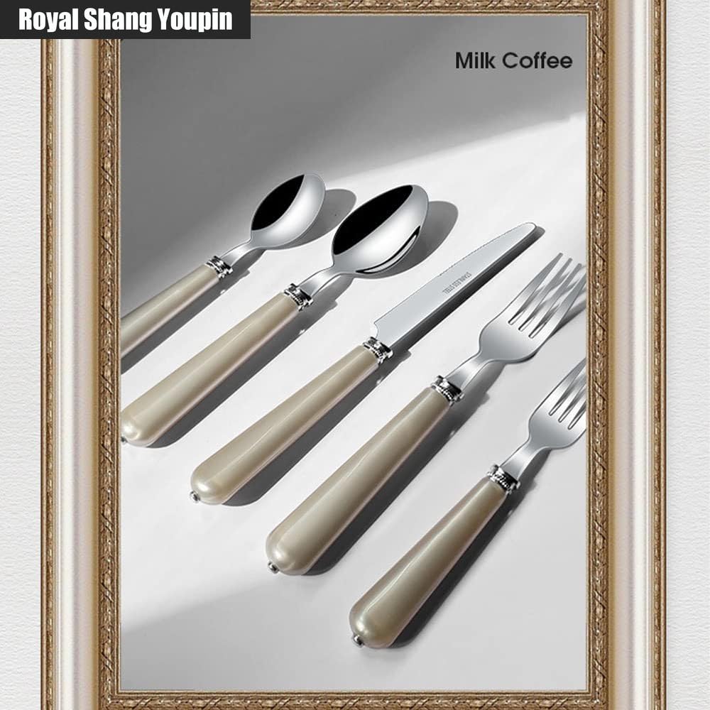 ABS Perle Poignée Cuisine Acier Inoxydable Argenterie Vaisselle Couverts Ensemble De Couverts Couteau À Steak Fourchette Cuillère Cuillère À Café Ustensiles (Beige,20 pièces)