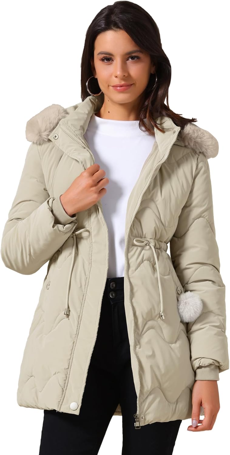 Allegra K Women's Winter Puffer Coat Drawstring Waist Removable Hooded Warm Thicken Parka Jacket