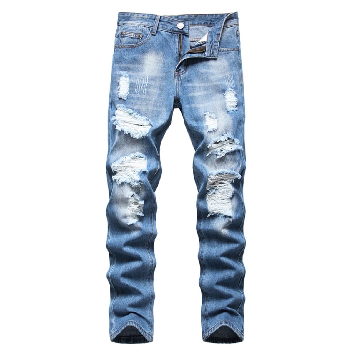 Men's Ripped Distressed Destroyed Straight Fit Washed Denim Jeans Pants