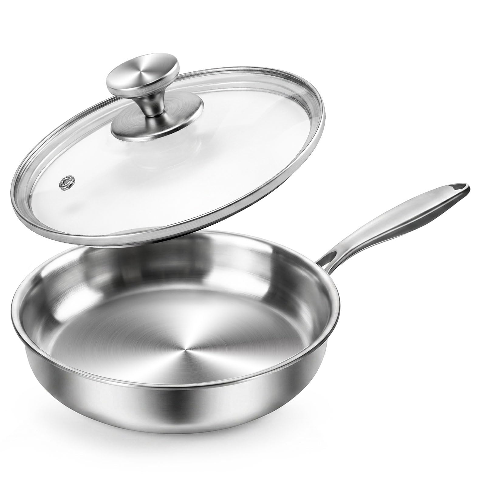 Greentainer Stainless Steel Frying Pan Skillet - 30cm Saute Pan with Glass Lid & Detachable Handle, Induction Compatible Cookware Saucepan, Dishwasher & Oven Safe